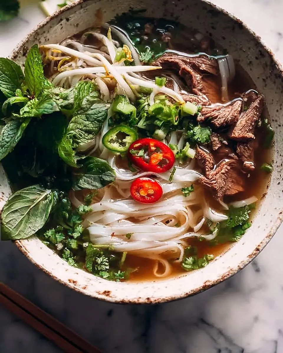 Overhead view of Vietnamese Pho with rice noodles, beef, fresh herbs, bean sprouts, and chili in a rustic bowl.