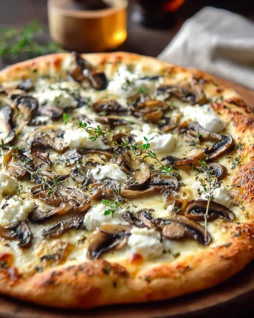 A close-up shot of a gourmet WHITE MUSHROOM PIZZA featuring sliced mushrooms, creamy ricotta cheese, and fresh thyme on a wooden board.