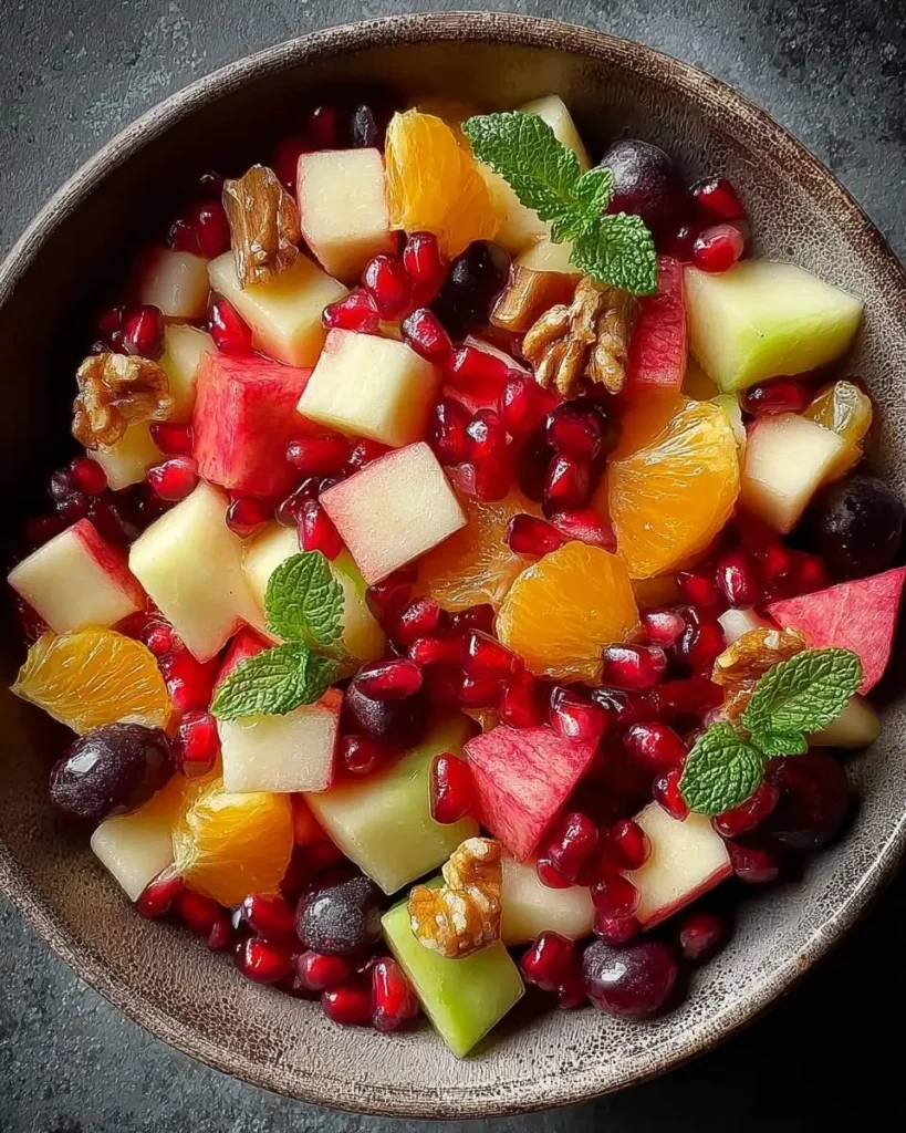 A vibrant bowl of Winter Fruit Salad, featuring diced apples, oranges, pomegranate, grapes, walnuts, and fresh mint garnish.