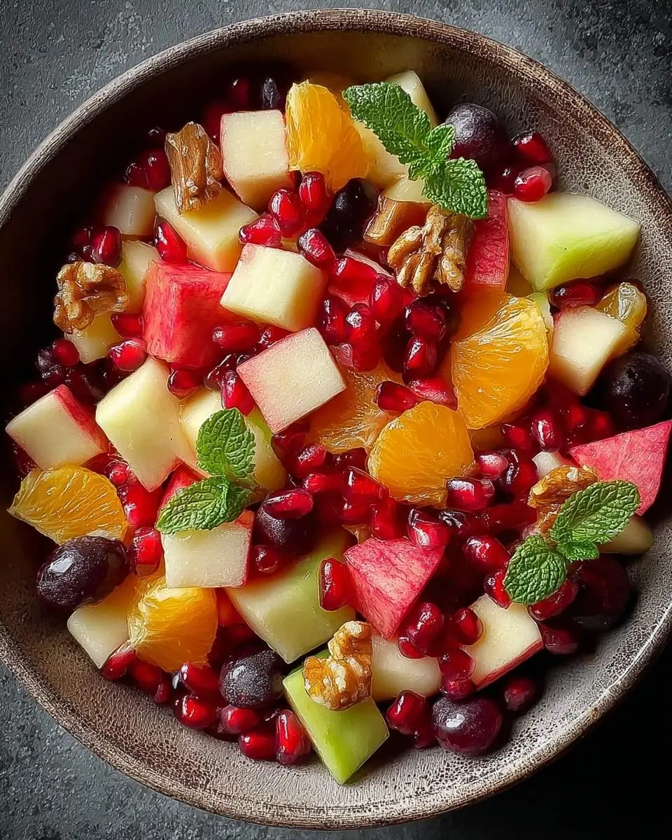 A vibrant bowl of Winter Fruit Salad, featuring diced apples, oranges, pomegranate, grapes, walnuts, and fresh mint garnish.