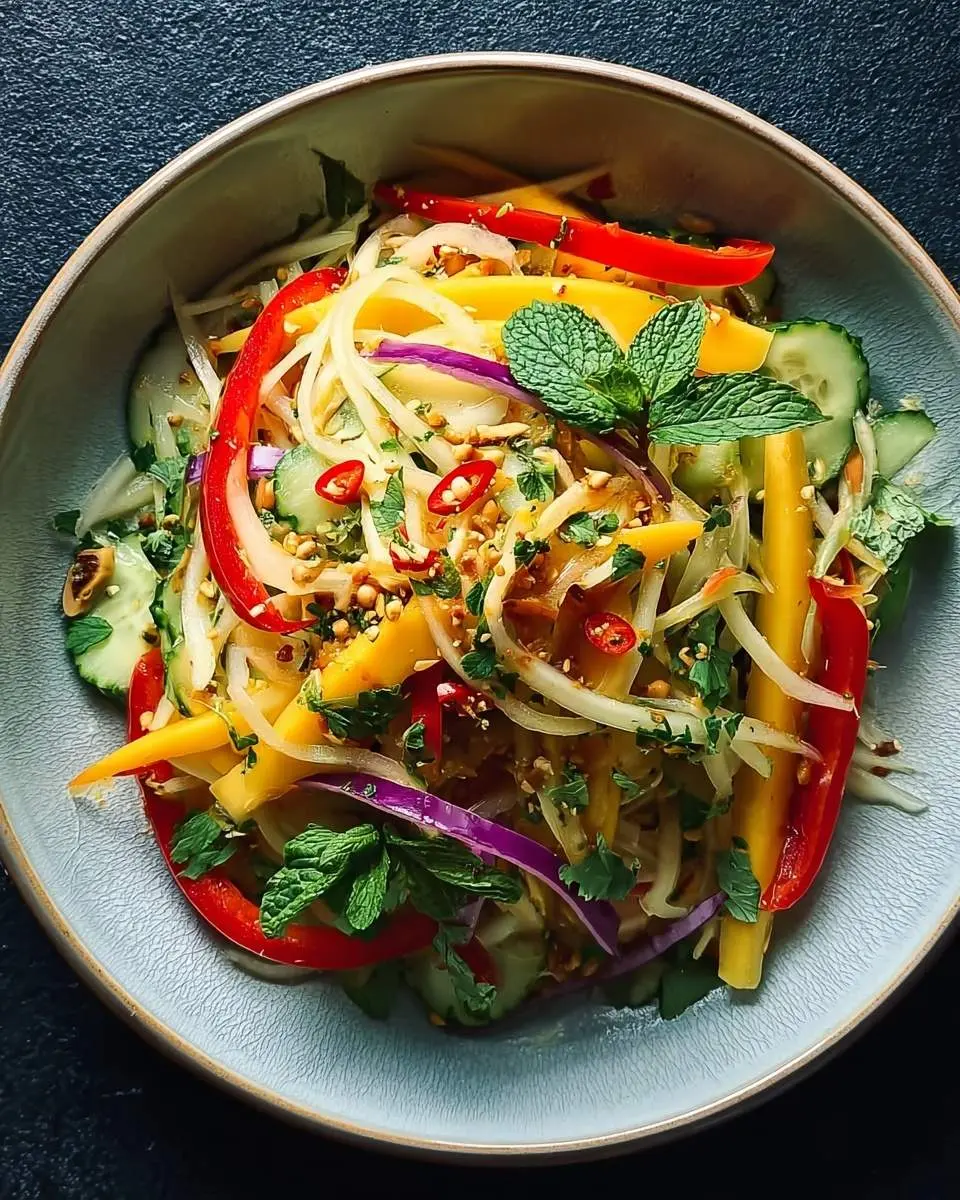 A vibrant bowl of Zesty Thai Mango Salad with julienned mango, red bell peppers, cucumbers, red onions, fresh mint, and chopped peanuts.