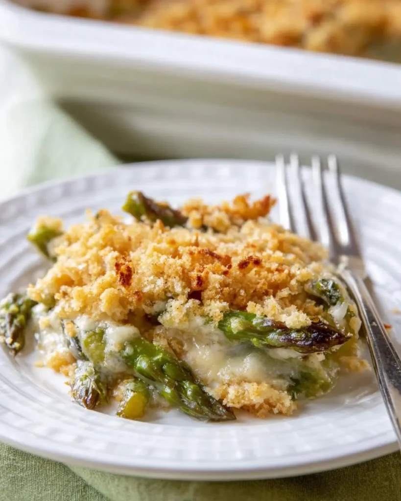 A close-up of a serving of Asparagus Cracker Casserole with melted cheese and a golden crumb topping on a white plate.