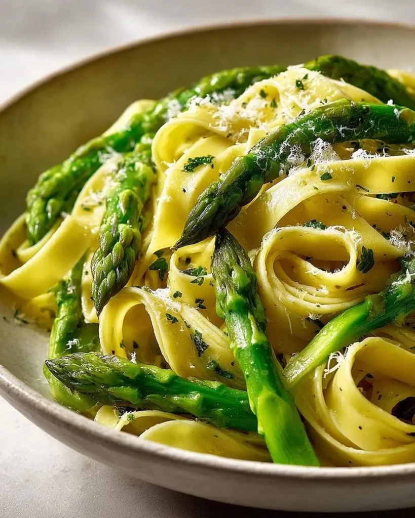 A vibrant close-up of Asparagus Ribbon Pasta tossed with fresh green spears, grated Parmesan, and chopped herbs in a ceramic bowl.