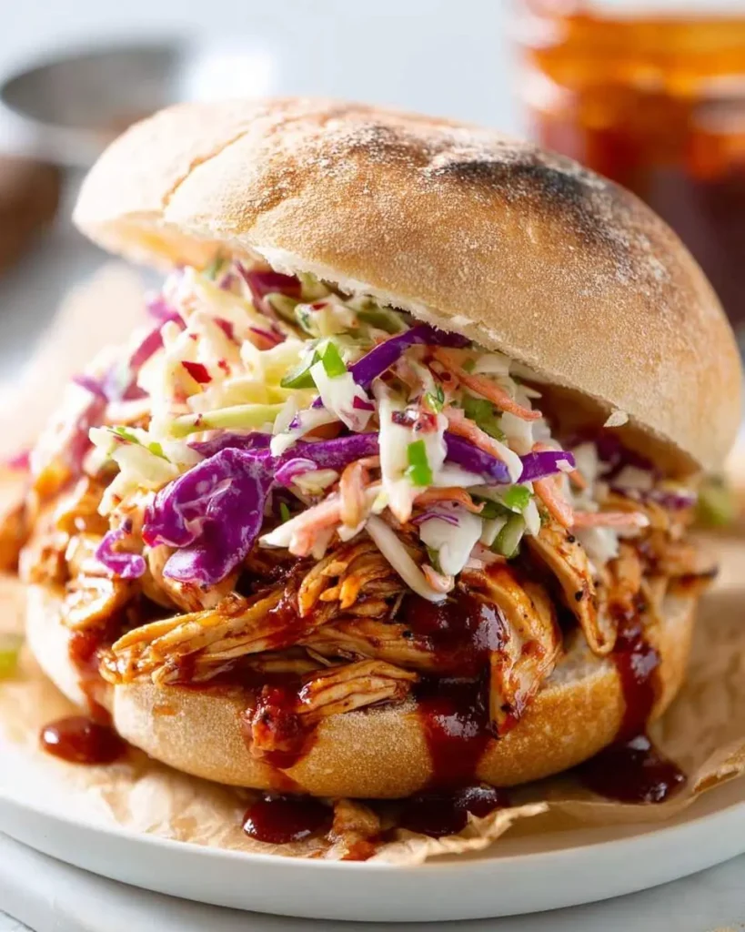 A close-up of a delicious BBQ Pulled Chicken Sandwich with Coleslaw, featuring shredded chicken and vibrant slaw on a rustic bun.