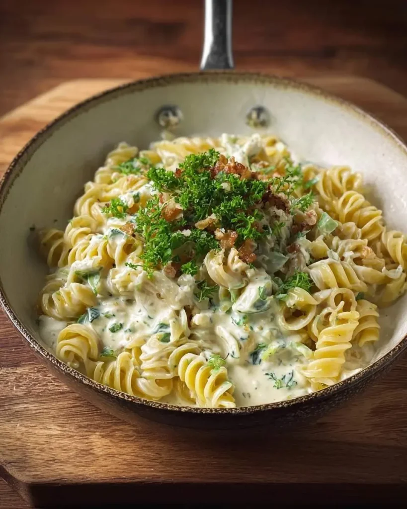 A pan of creamy Blue Cheese Pasta with fusilli, green veggies, fresh parsley, and bacon bits on a wooden board.