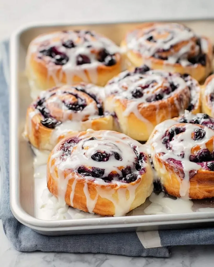 A close-up shot of a tray filled with warm, glazed Blueberry Cinnamon Rolls, fresh from the oven and glistening with white icing.