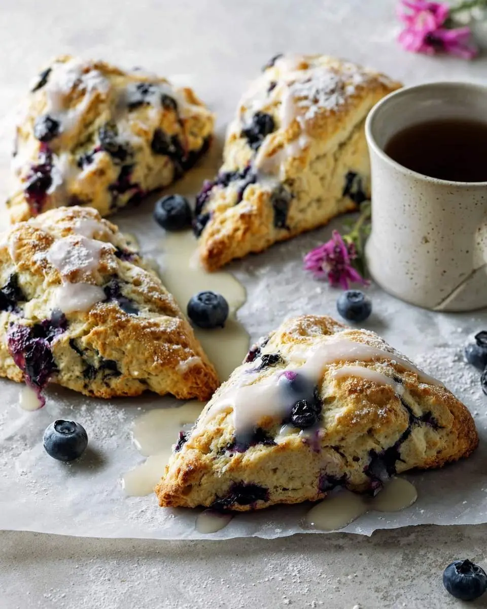 Blueberry Sourdough Scones 4 Four glazed Blueberry Sourdough Scones dusted with powdered sugar, surrounded by fresh blueberries and a cup of tea.