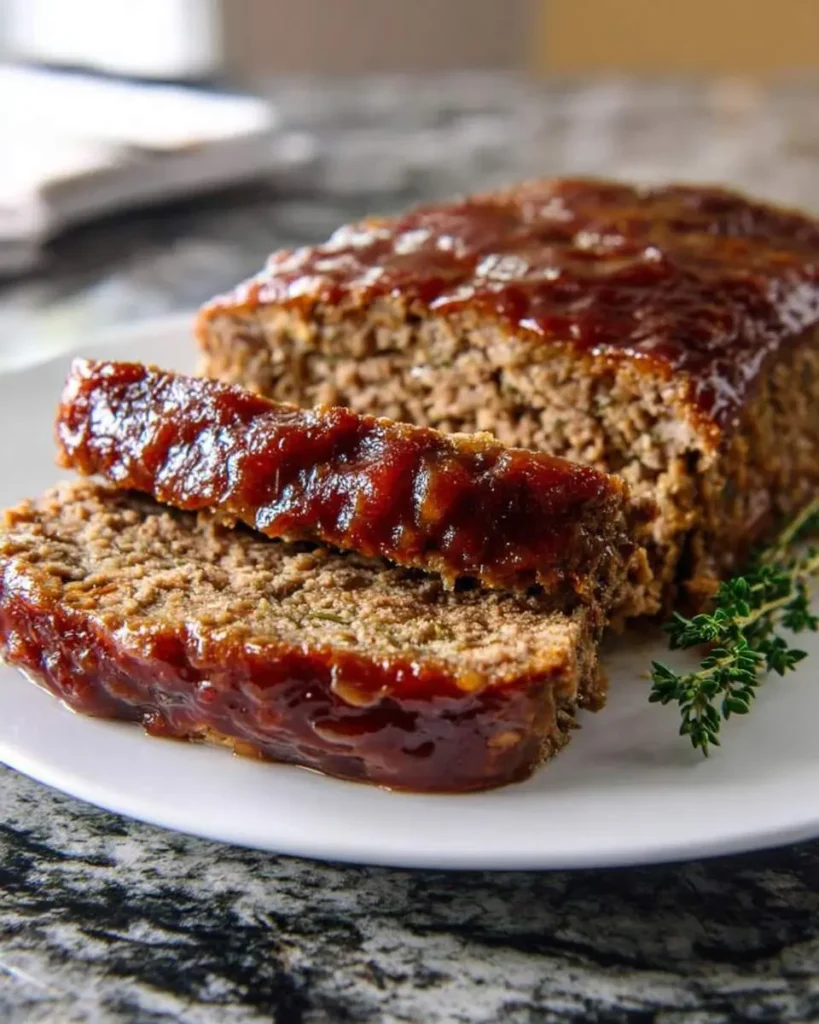 Slices of glossy glazed brown sugar meatloaf on a white plate, garnished with fresh thyme sprigs.