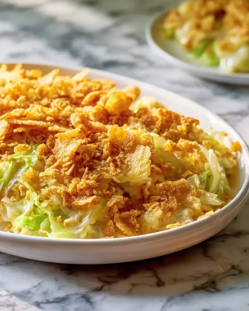 A white oval dish filled with green and white Cabbage Casserole, generously topped with golden, crispy Ritz Crackers.