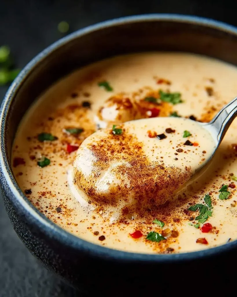 A close-up of a spoon scooping creamy Cajun Cream Sauce from a dark bowl, garnished with red pepper flakes and fresh herbs.