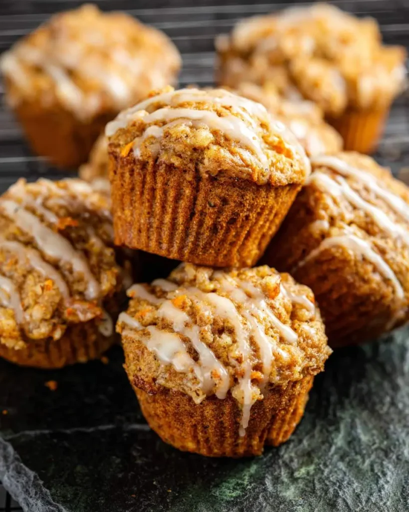 A close-up shot of several moist Carrot Cake Muffins, drizzled with sweet white icing, piled on a dark green surface.