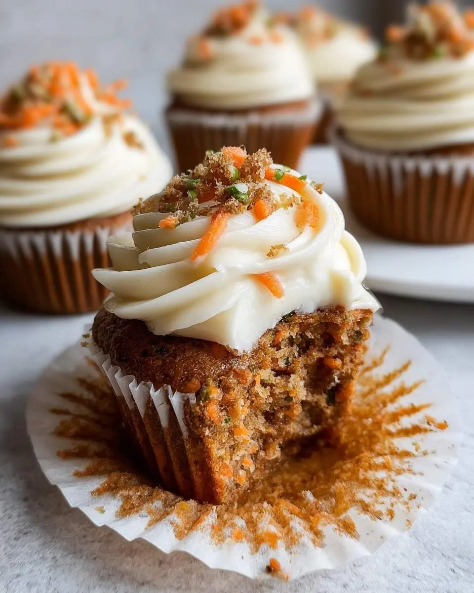 Carrot Cupcakes 4 A close-up of a partially eaten carrot cupcake with creamy white frosting, topped with shredded carrots and sprinkles, with more frosted carrot cupcakes in the background.
