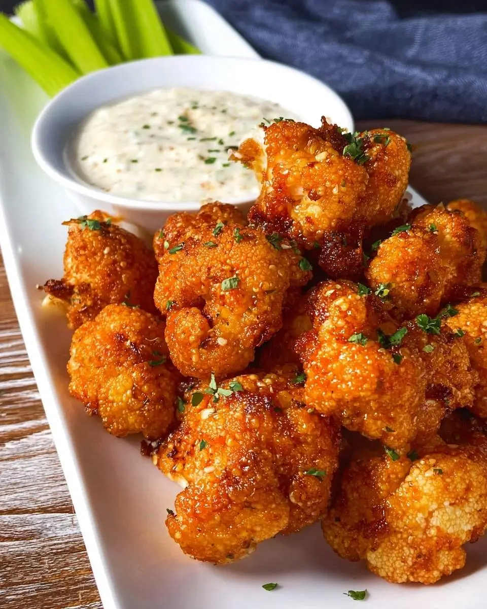 cauliflower wings 4 A white plate overflowing with crispy, golden cauliflower wings topped with sesame seeds and parsley, served with a side of creamy dipping sauce and celery sticks.