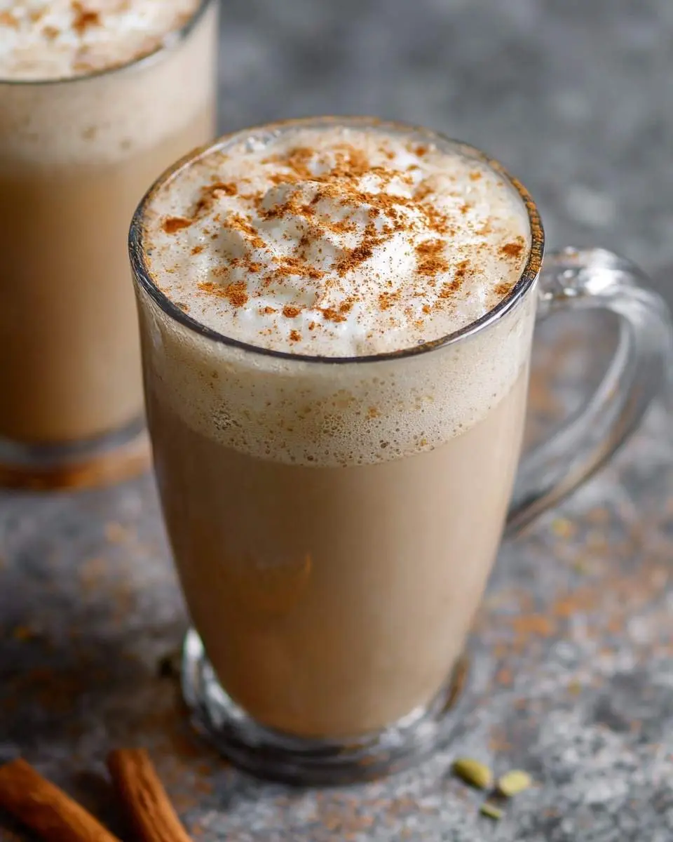 A clear glass mug holds a creamy Chai Tea Latte topped with frothy whipped cream and a generous dusting of cinnamon powder.