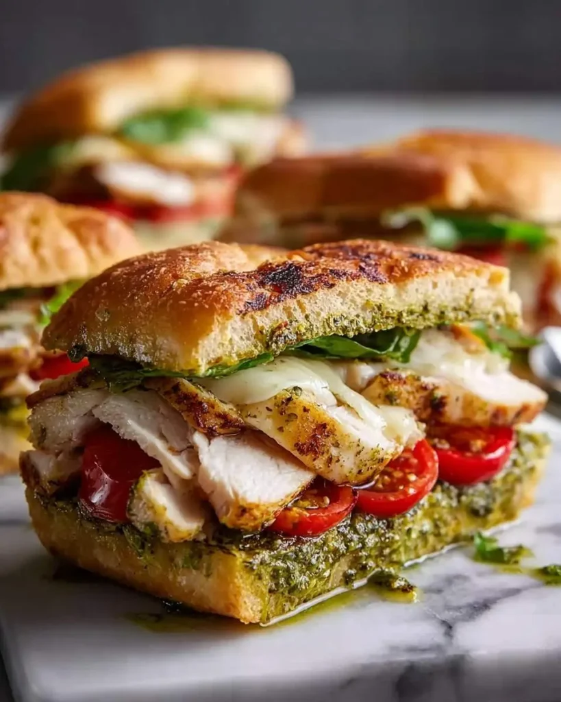 A vibrant grilled Chicken Pesto Sandwich, showcasing sliced chicken, melted cheese, fresh tomatoes, basil, and generous pesto sauce on toasted bread.