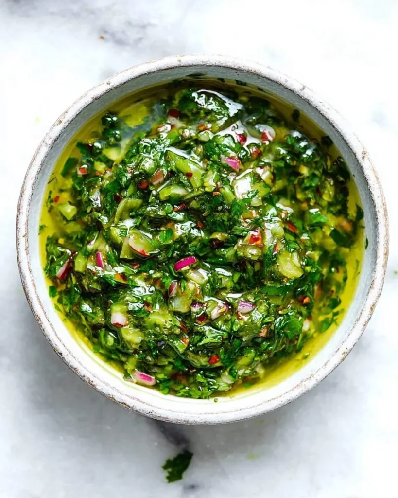 A vibrant bowl of fresh Chimichurri Sauce, rich with chopped herbs, red onion, and olive oil, presented on a white marble surface.