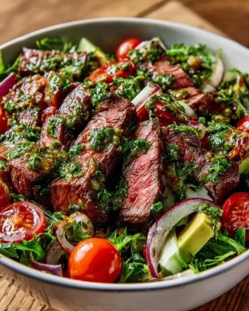 A close-up shot of a vibrant Chimichurri Steak Salad Bowl featuring sliced medium-rare steak, cherry tomatoes, red onion, avocado, and fresh greens, all drizzled with chimichurri sauce.