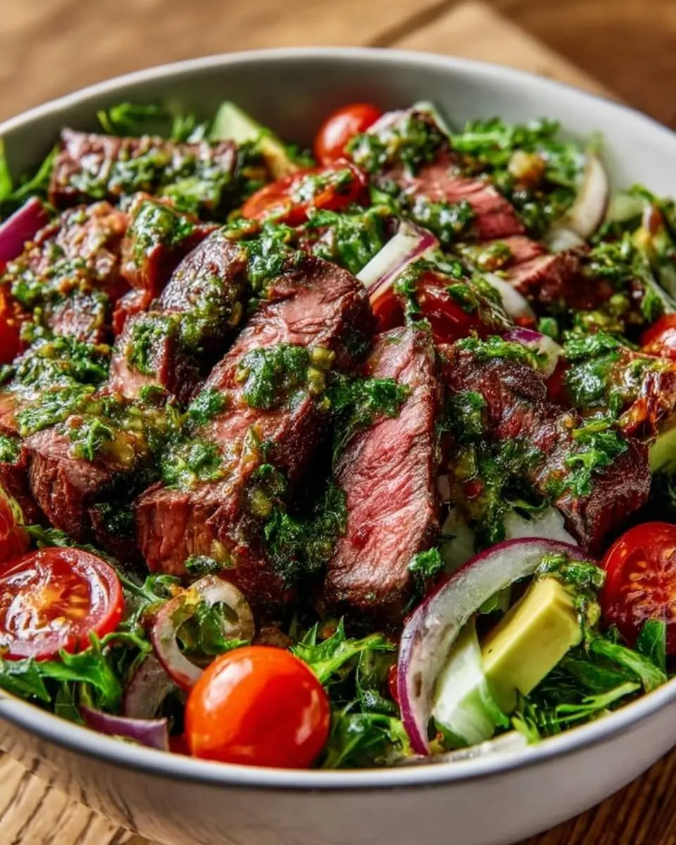 Chimichurri Steak Salad Bowl 4 A close-up shot of a vibrant Chimichurri Steak Salad Bowl featuring sliced medium-rare steak, cherry tomatoes, red onion, avocado, and fresh greens, all drizzled with chimichurri sauce.