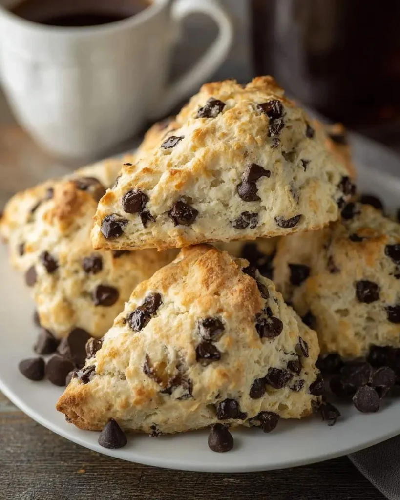 A close-up of several triangular chocolate chip scones stacked on a white plate, surrounded by scattered chocolate chips, with a blurred coffee mug in the background.