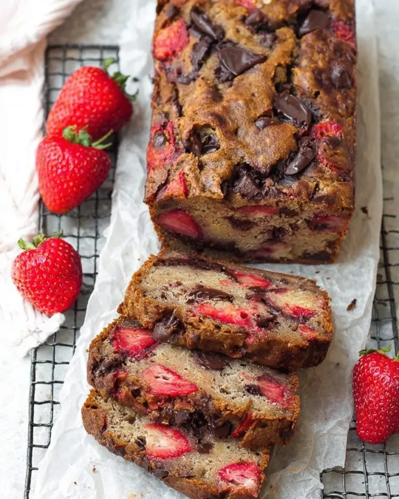 A freshly baked loaf of Chocolate Chunk Strawberry Banana Bread, partly sliced, with whole strawberries on a wire rack.