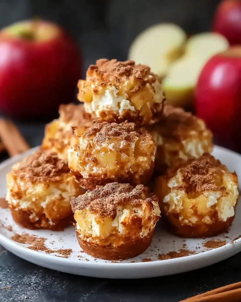 A close-up of a stack of delicious Cinnamon Apple Cottage Cheese Bites, topped with chocolate shavings, on a white plate with fresh apples in the background.