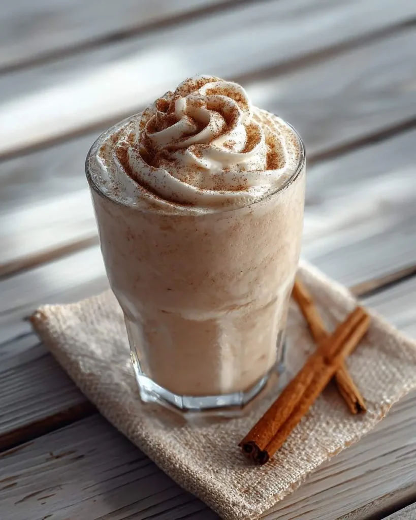 A tall glass of creamy Cinnamon Roll Smoothie topped with a generous swirl of whipped cream and cinnamon powder, served with cinnamon sticks.