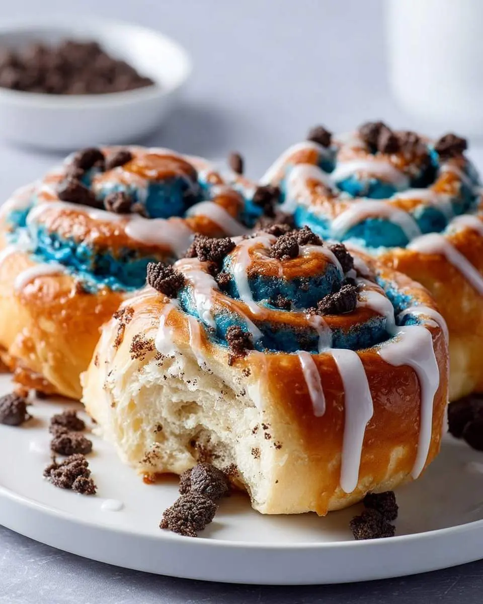 Cookie Monster Cinnamon Rolls 1 A plate of vibrant blue Cookie Monster Cinnamon Rolls, drizzled with white icing and topped with chocolate cookie crumbs, one roll bitten into.
