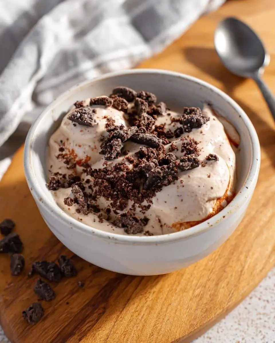 Cottage Cheese Ninja Creami 4 A bowl of creamy, light brown dessert topped with chocolate cookie crumbles, likely a delicious Cottage Cheese Ninja Creami recipe.