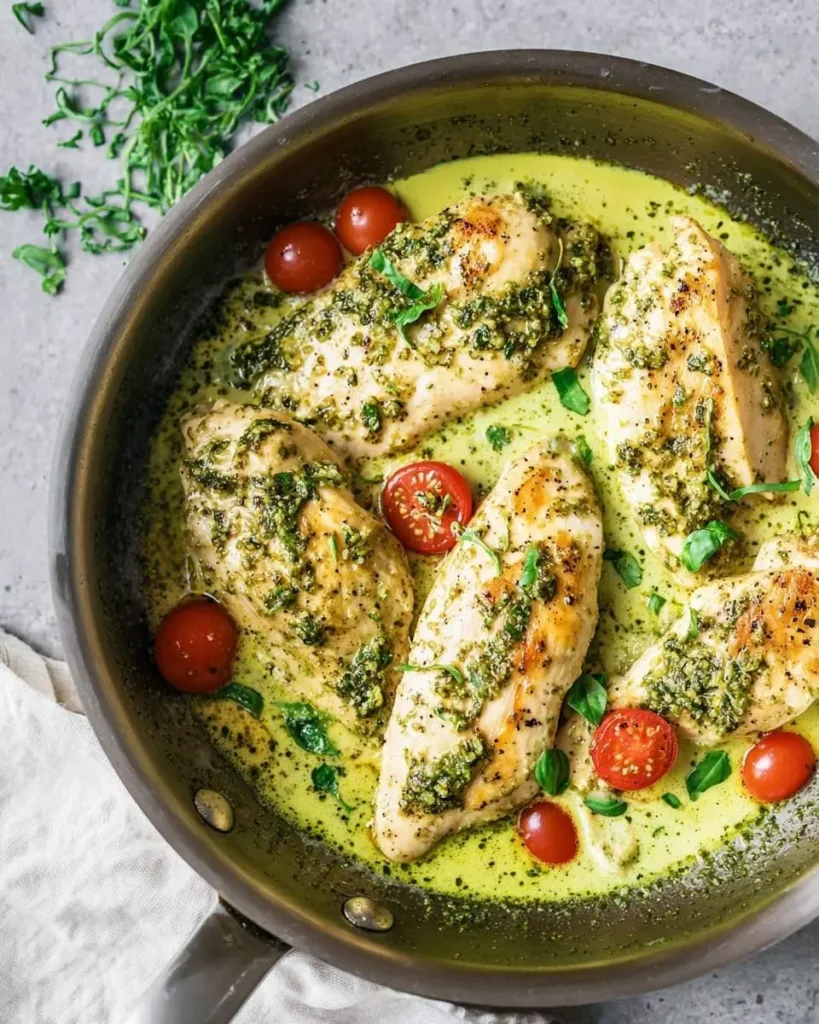 A close-up of a Creamy Pesto Chicken Skillet featuring golden chicken breasts, luscious green sauce, and fresh cherry tomatoes.