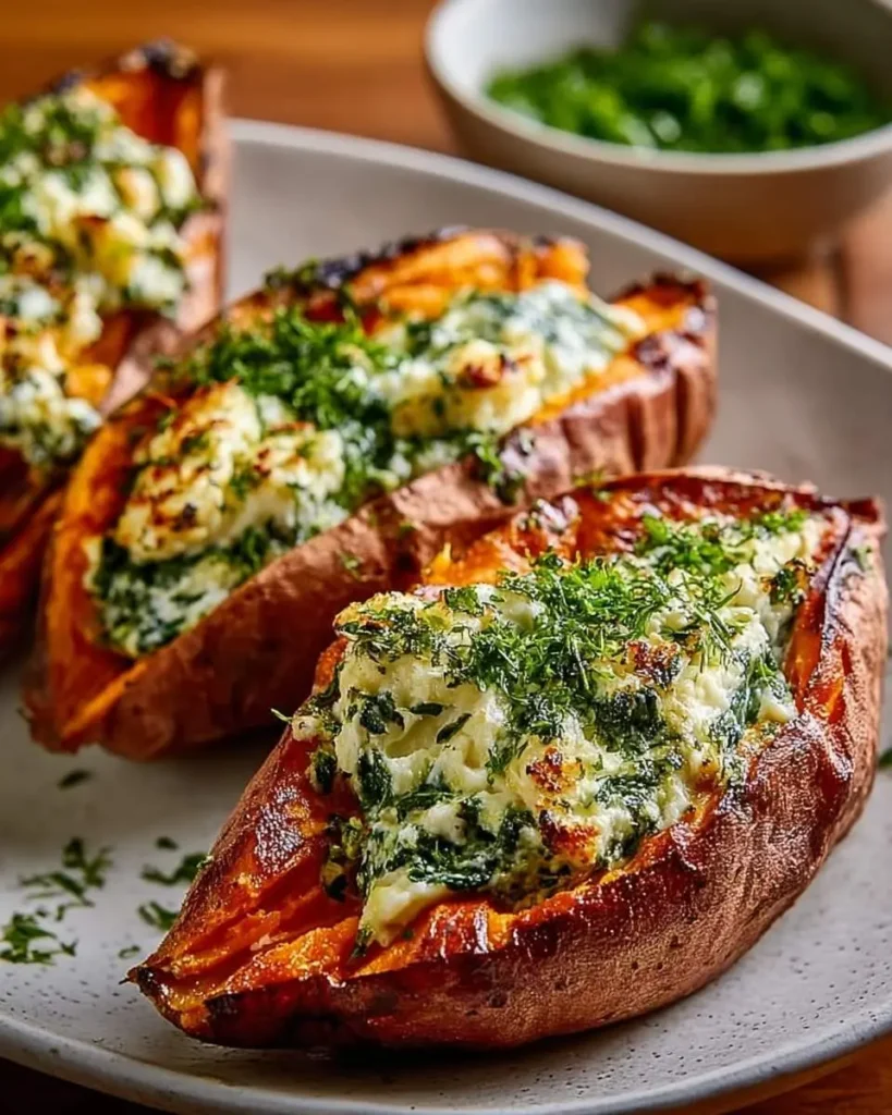 Three Creamy Ricotta &amp; Spinach Stuffed Sweet Potatoes baked golden brown and garnished with fresh herbs on a white plate.