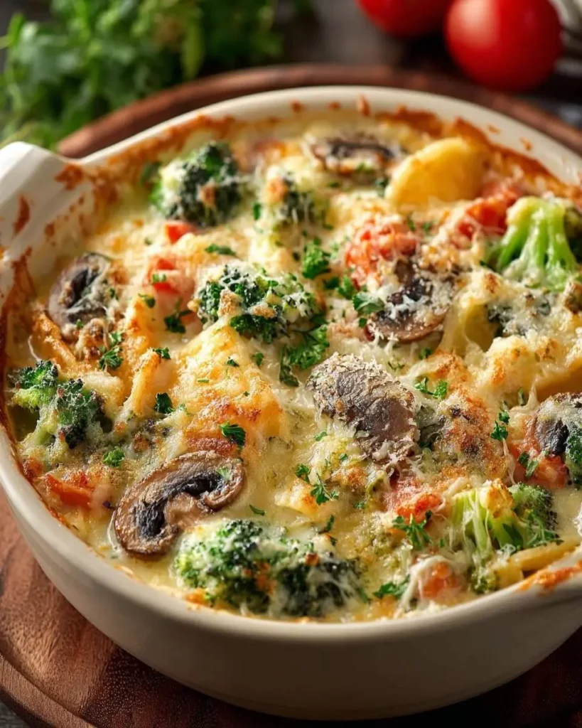 A close-up of a bubbling, golden-brown creamy vegetable casserole baked with broccoli, mushrooms, and melted cheese.