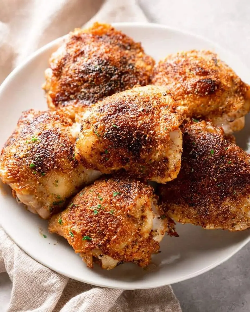 A white plate filled with perfectly golden brown Crispy Baked Chicken Thighs, lightly seasoned and garnished with green herbs.