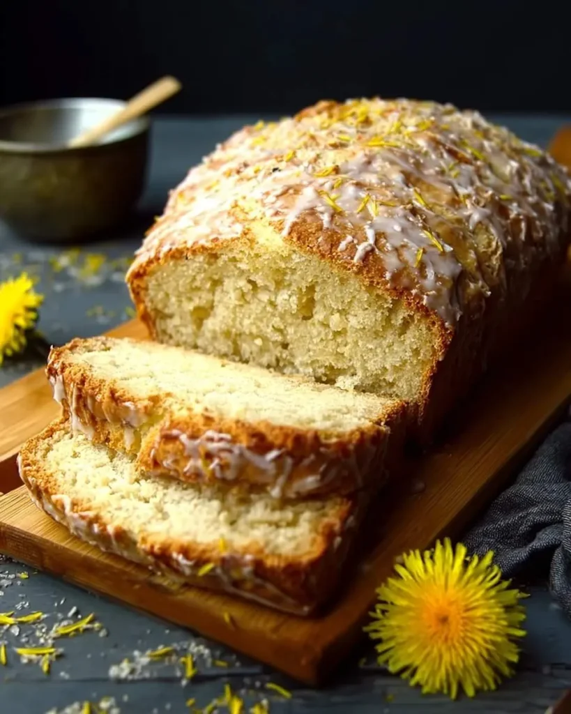 A freshly baked loaf of Dandelion Bread with a white glaze and yellow dandelion petals, sliced on a wooden board.