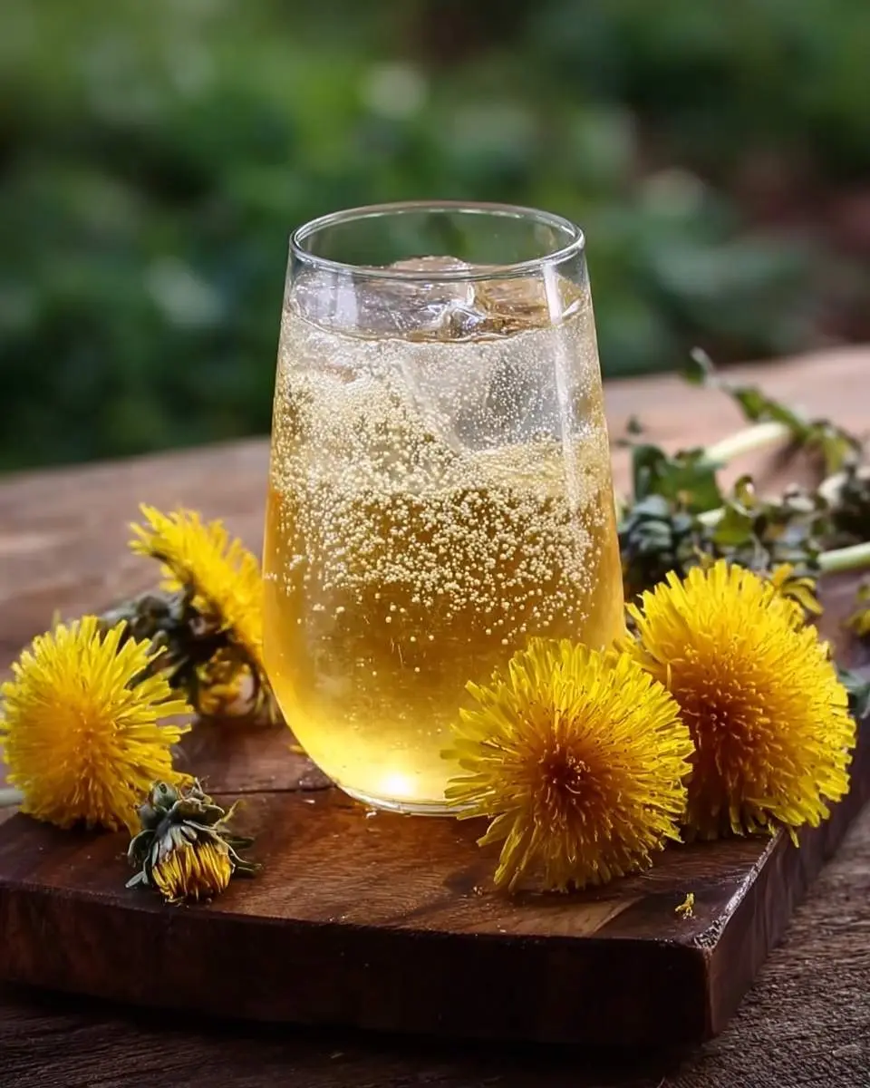A refreshing glass of bubbly Dandelion Soda Recipe with ice, surrounded by fresh yellow dandelion flowers on a rustic wooden board.