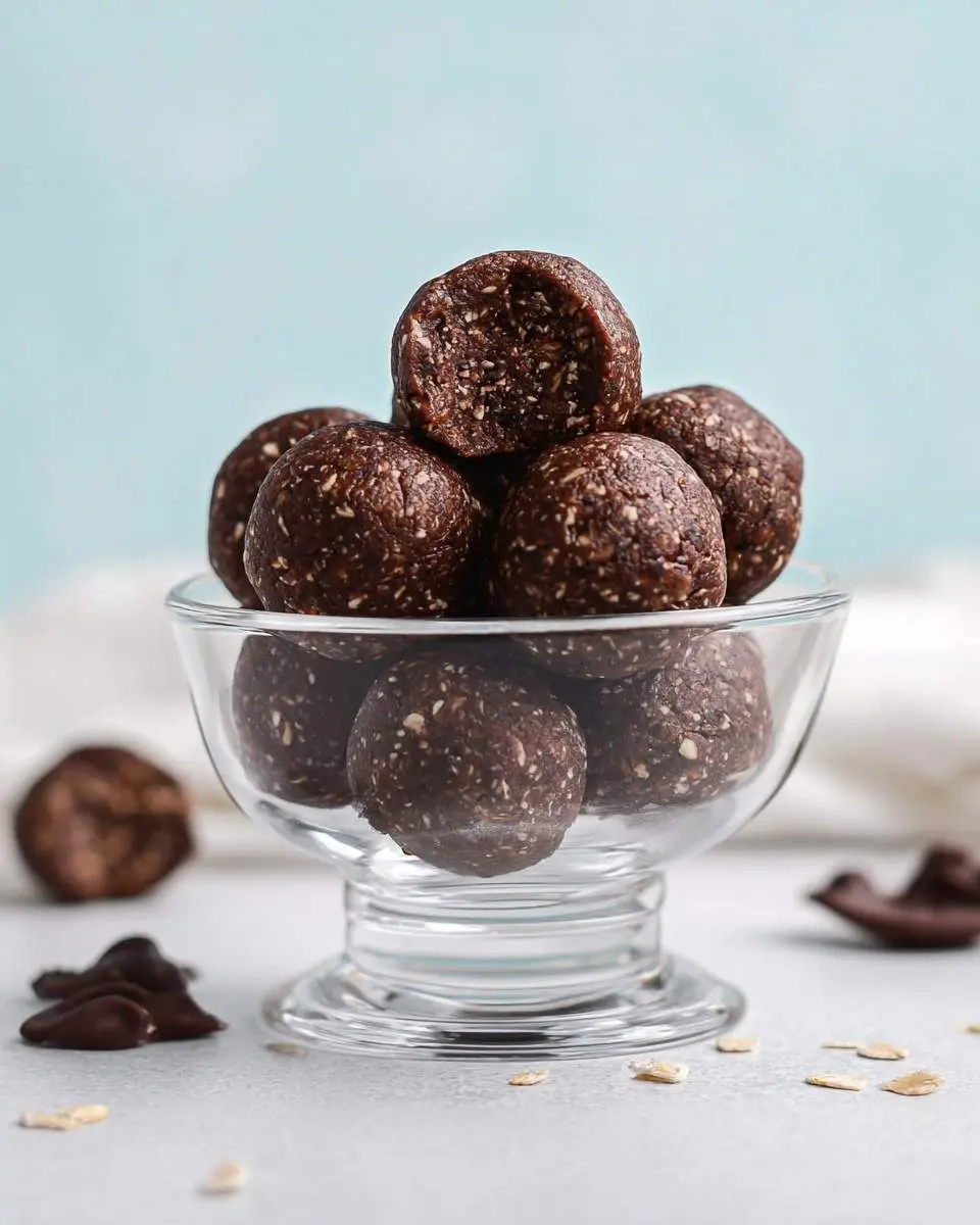 Double Chocolate Energy Balls 4 A clear glass bowl overflowing with rich Double Chocolate Energy Balls, with one on top broken open to show its texture.