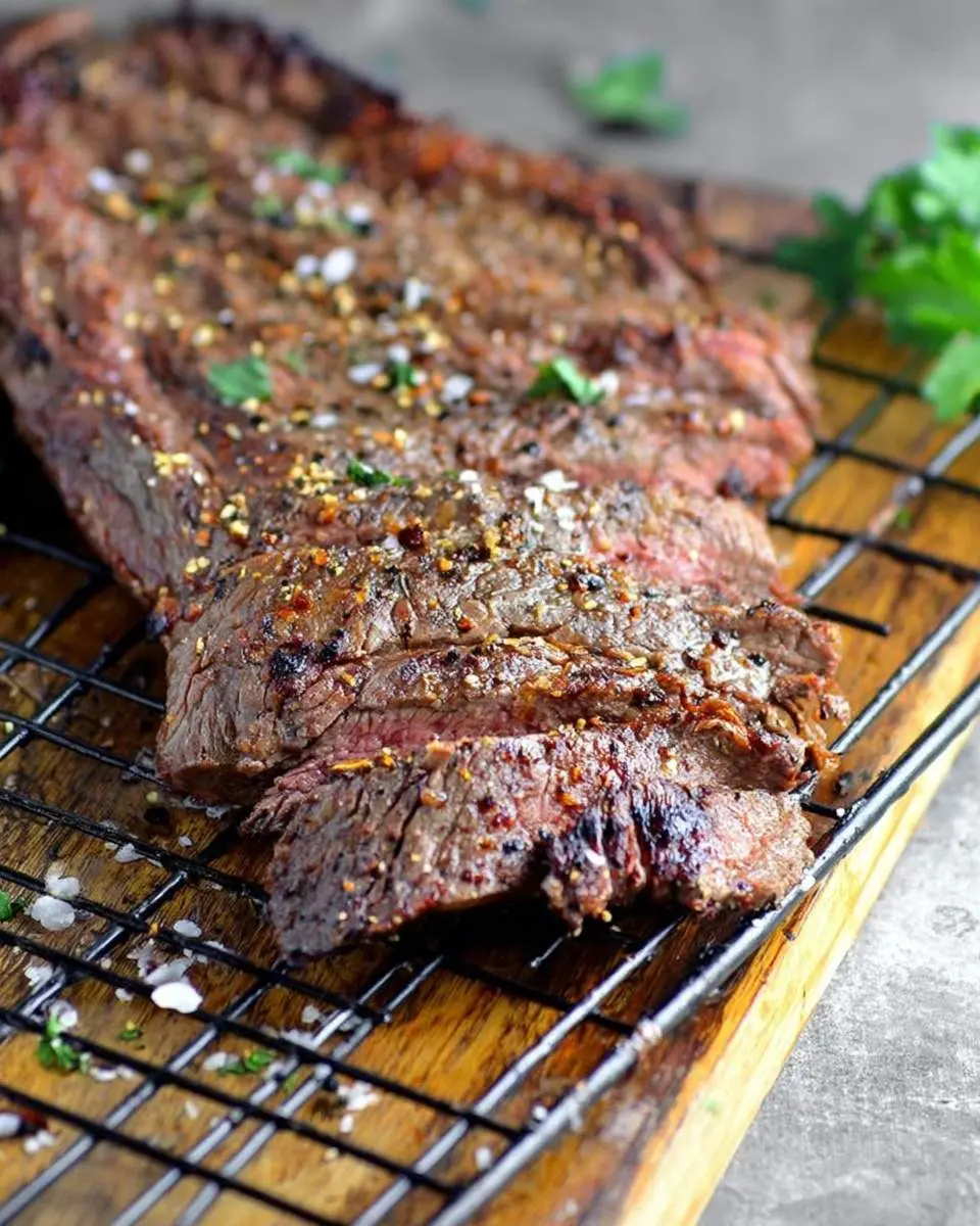 A perfectly cooked and sliced Dutch Oven Skirt Steak, seasoned with coarse salt and pepper, rests on a wire rack over a wooden board.