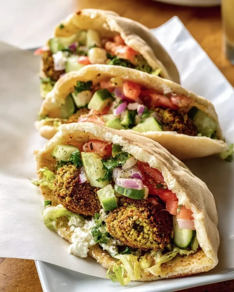 Three delicious Falafel Pita Sandwiches, packed with crispy falafel, fresh vegetables, and creamy sauce, served on a white plate.