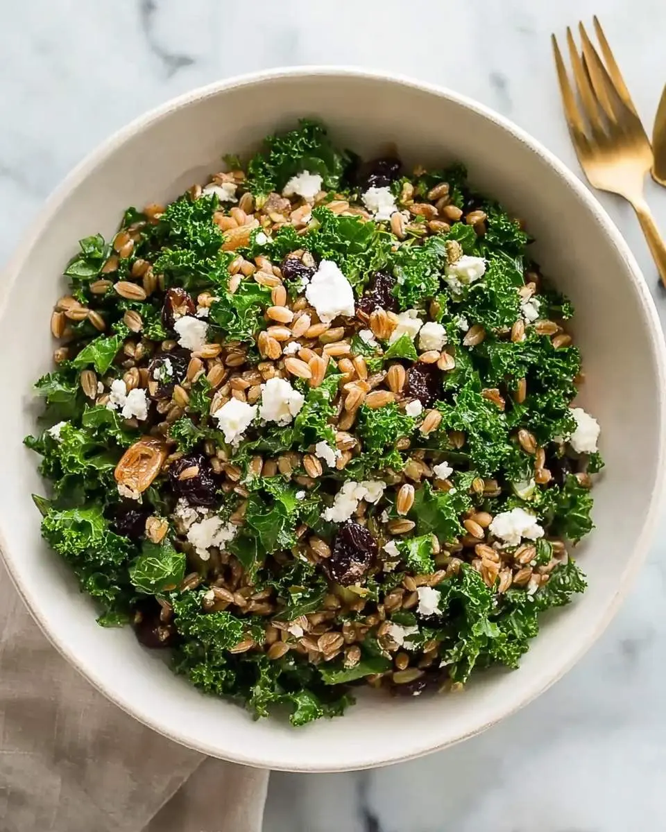Farro Kale Salad With Goat Cheese 4 Overhead view of a vibrant Farro Kale Salad With Goat Cheese in a white bowl, mixed with chewy farro, fresh kale, creamy goat cheese crumbles, and dried cranberries, ready to eat.