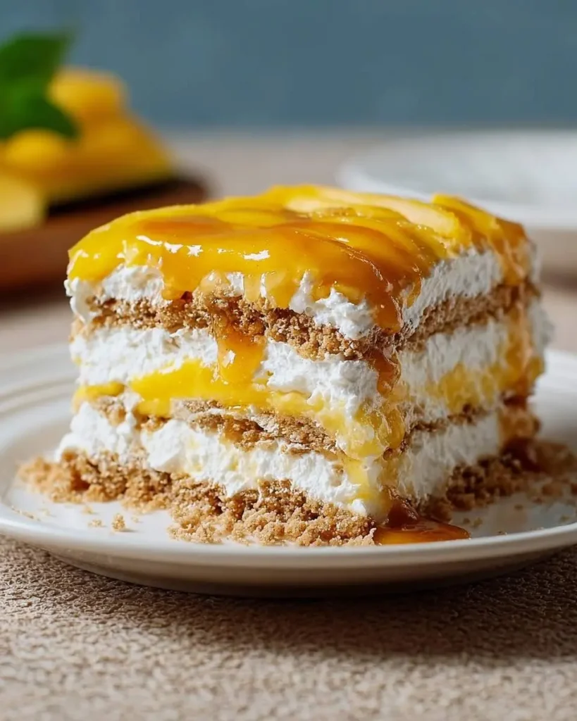 A delicious, multi-layered slice of Filipino Mango Float with cream, crushed graham crackers, fresh mango, and a glossy mango glaze.