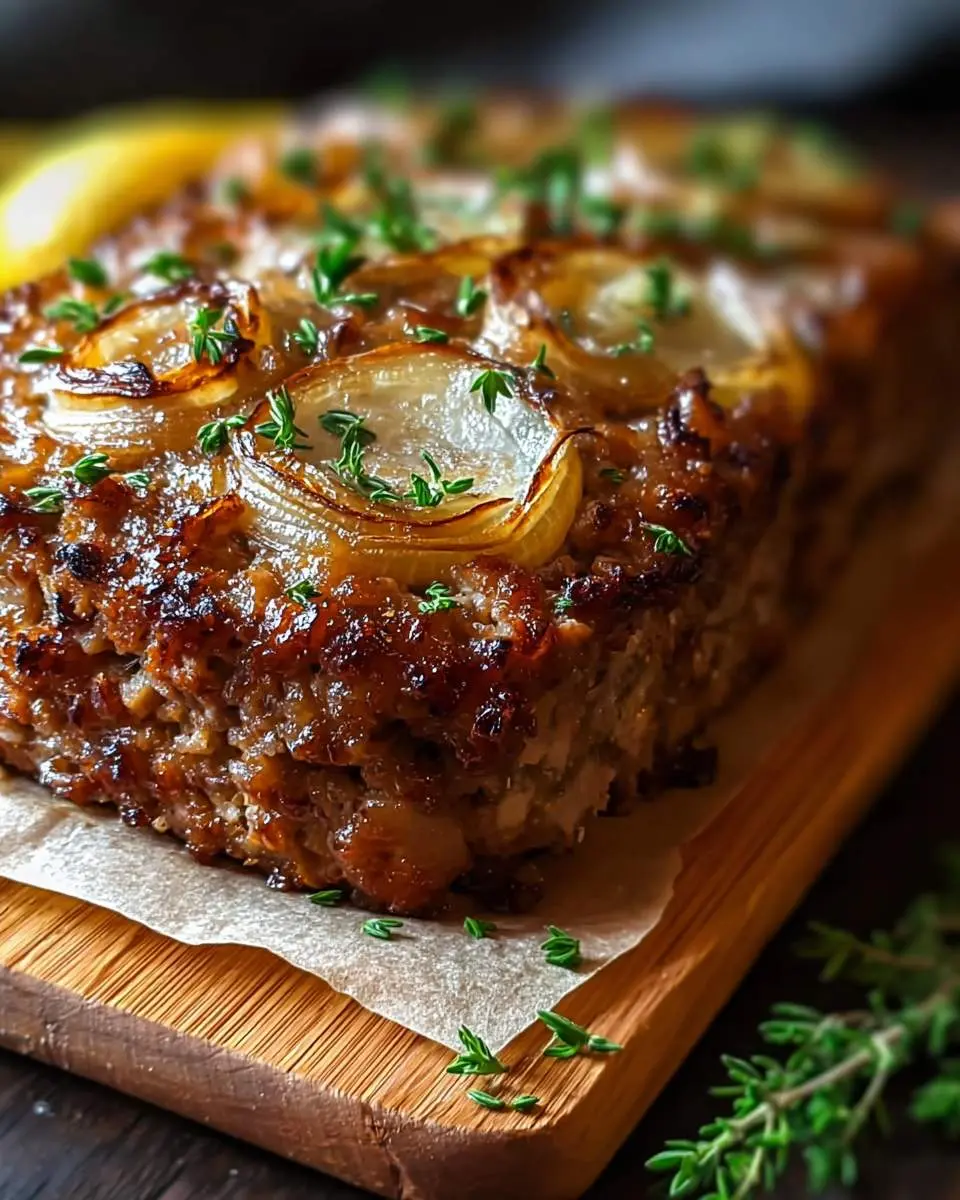 A close-up of a glistening French Onion Meatloaf topped with caramelized onion slices and fresh thyme on a wooden board.