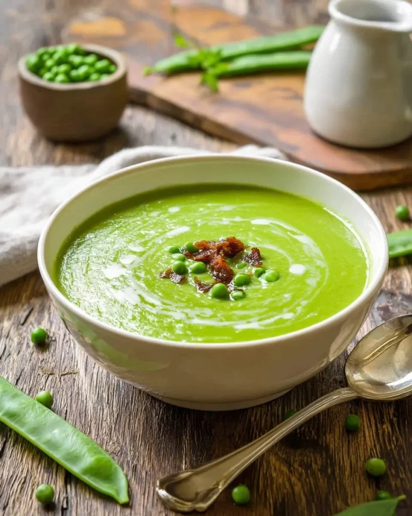 Vibrant green Fresh Pea Soup in a white bowl, garnished with cream, peas, and bacon bits on a rustic wooden table.