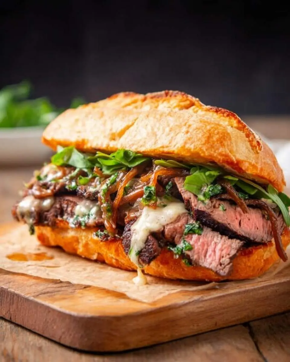 Garlic Butter Ribeye Steak Sandwich 4 A mouth-watering Garlic Butter Ribeye Steak Sandwich bursting with tender steak, melted cheese, caramelized onions, and fresh greens on a crusty baguette.