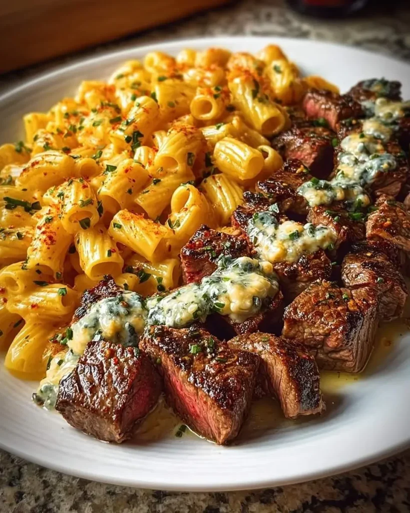 A close-up of a white plate featuring succulent Garlic Butter Steak Bites with Cheesy Mozzarella Rigaton, garnished with herbs and red pepper flakes.