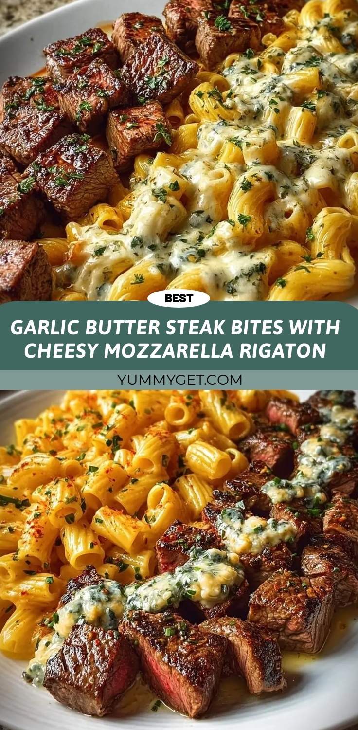 garlic butter steak bites with cheesy mozzarella rigaton pinterest