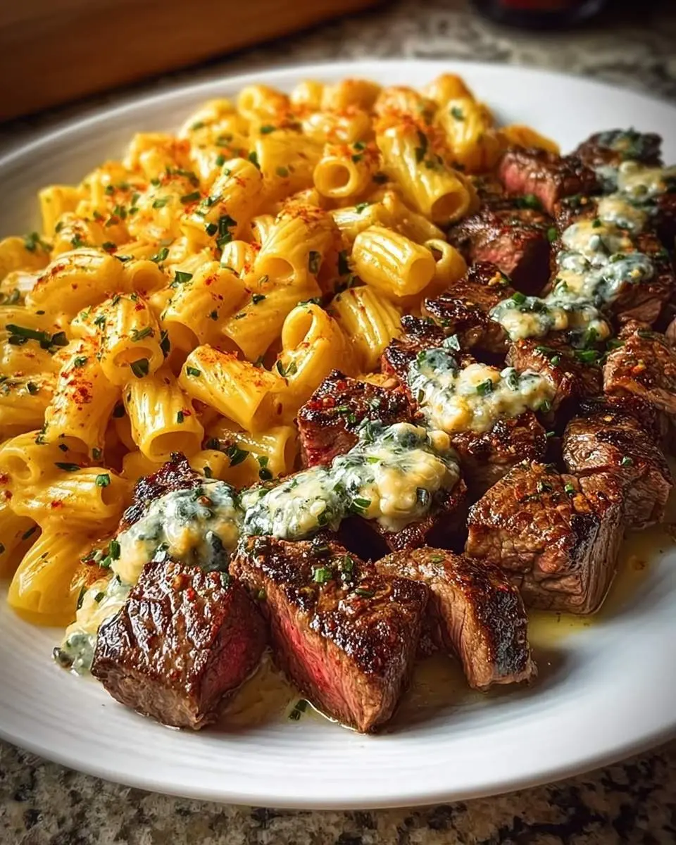 Garlic Butter Steak Bites with Cheesy Mozzarella Rigaton 4 A close-up of a white plate featuring succulent Garlic Butter Steak Bites with Cheesy Mozzarella Rigaton, garnished with herbs and red pepper flakes.