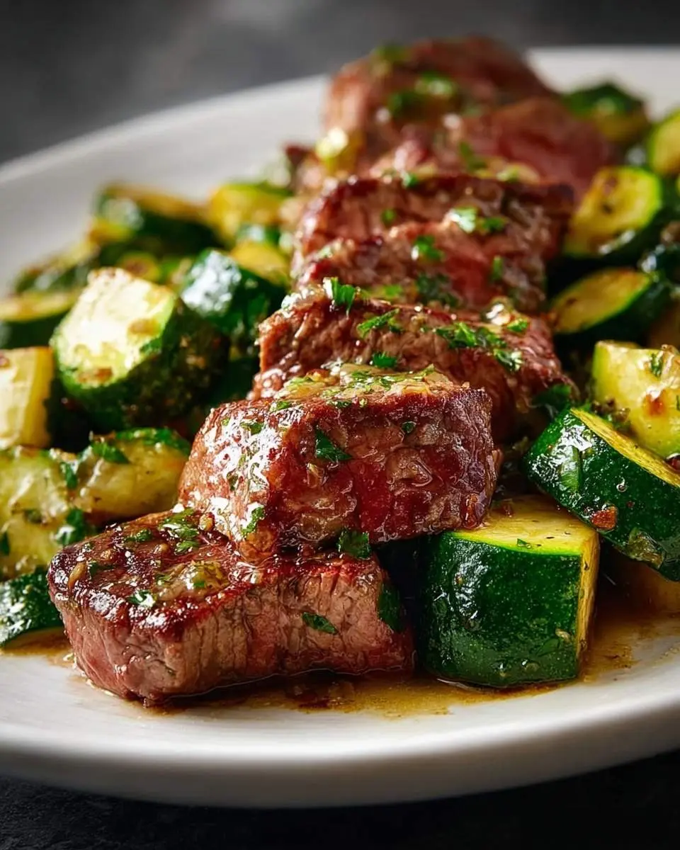 Close-up of perfectly cooked Garlic Butter Steak & Zucchini with fresh herbs, served on a white plate.