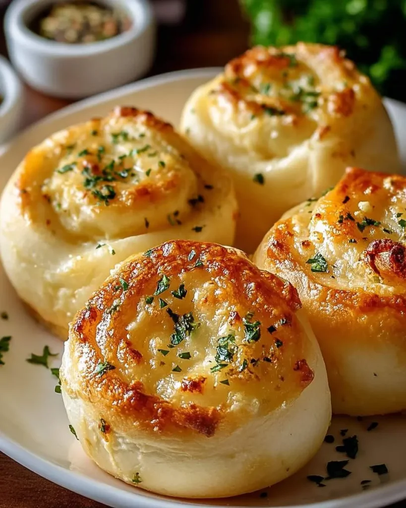 Delicious golden-brown garlic rolls with melted cheese and fresh parsley arranged on a white serving plate.