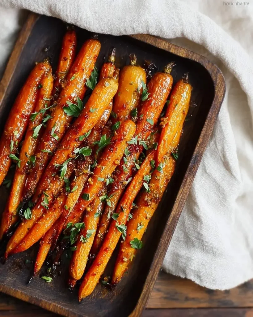 A rustic wooden tray filled with vibrant Glazed Roasted Carrots, perfectly caramelized and garnished with fresh green herbs.