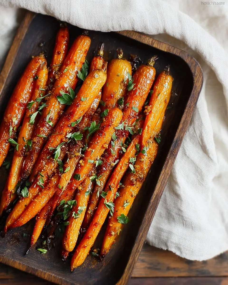 A rustic wooden tray filled with vibrant Glazed Roasted Carrots, perfectly caramelized and garnished with fresh green herbs.