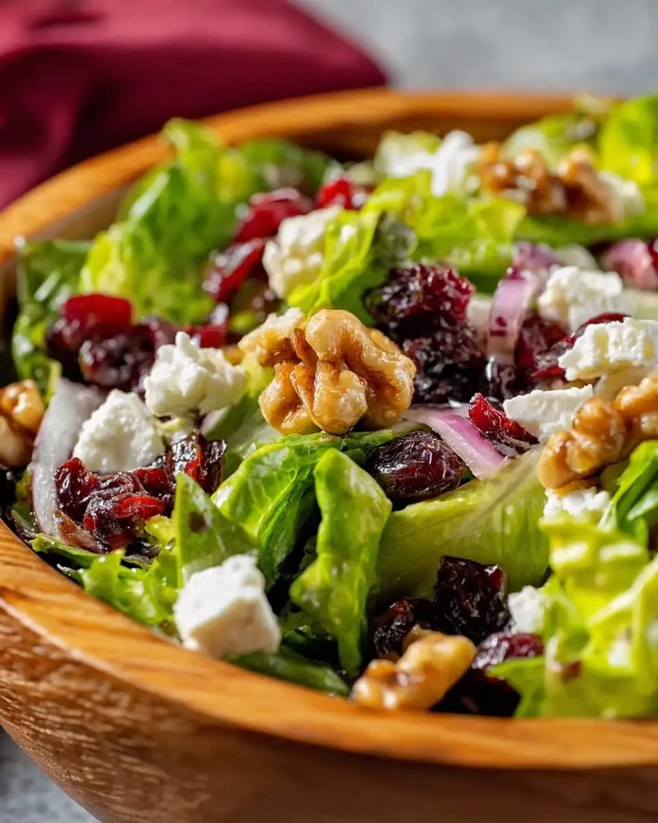 A close-up shot of a vibrant Goat Cheese Cranberry Walnut Salad in a wooden bowl, featuring fresh greens, red onions, and a rich balsamic glaze.